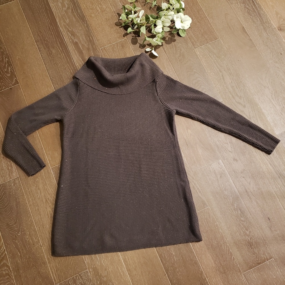 Alfani Cowl Neck Brown Metallic Tunic Sweater PM
